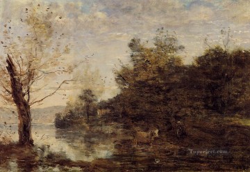 Jean Baptiste Camille Corot Painting - Pastor de vacas junto al agua al aire libre Romanticismo Jean Baptiste Camille Corot